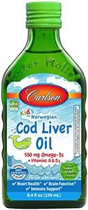 Carlson - Kid's Cod Liver Oil, 550 mg Omega-3s, Plus Vitamins A and D3, Liquid Fish Oil, Wild Caught Norwegian Arctic Cod, Sustainably Sourced Nordic Fish Oil, Green Apple, 250 mL (8.4 Fl Oz)