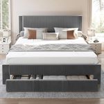 FINATI Full Size Bed Frame with Storage, Wood Platform Bed Frame Full with Fully Velvet Upholstered Headboard, Strong Wooden 12-Slats Support, Under Bed Storage Drawer with Wheels,No Box Spring Needed