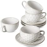 LE TAUCI 6 oz Cappuccino Cups with Saucers, Suit For House-warming, Ceramic Embossment Coffee Cup for Au Lait, Double shot, Latte, Cafe Mocha, Tea - Set of 4, Arctic white