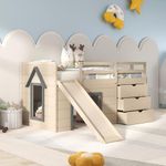 KOMFOTT Twin Low Loft Bed with 3 Storage Drawers & Underneath House, Wood Loft Bed with Slide, Ladder, Guardrails & Under-Bed Play Space, Kids Twin Loft Bed for Girls & Boys, No Box Spring Needed