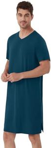 WiWi Men's Nightshirt Short-Sleeve Nightgown Viscose from Bamboo Soft Loose V-Neck Sleepwear Nightwear Sleepshirt Gowns S-XXL, Peacock Blue, Medium