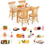 74 Pcs 1:12 Scale Dollhouse Miniature Food with Wooden Dollhouse Furniture of Table and Chair, Dollhouse Kitchen Accessories Sets Include Mini Milk Juice Pizza Plate Knife Fork Spoon Dessert Cake BBQ