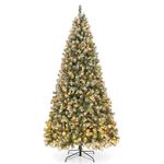 Goplus 9ft Pre-Lit Christmas Tree, Artificial Hinged Xmas Tree with 650 Warm-White LED Lights, 8 Lighting Modes, 1740 Branch Tips, Red Berries & Pinecones, for Holiday Party Office Home Decor