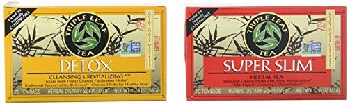 Triple Leaf Caffeine Free Herbal Tea 2 Flavor Variety Bundle: (1) Triple Leaf Chinese Detox Tea (20 count), and (1) Triple Leaf Super Slimming Tea (20 Count)