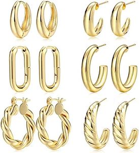 Gold Hoop Earrings Set for Women, 6 Pairs 14K Gold Plated Lightweight Hypoallergenic Chunky Open Hoops Earrings Pack