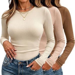 umroo 3 Pack Women's Ribbed Knit Long Sleeve Tops Crew Neck Slim Fit Shirt