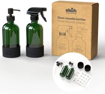 Glass Bottles 2 pcs Spray & Pump Dispensers, Refillable Boston Round Bottles with Protective Silicone Base Printed Labels (Green Glass Bottles 2 Pack)