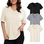 HLTPRO 3 Pack V Neck T Shirts for Women - Soft Summer Short Sleeve Oversized Loose Fit Tops Plus Size Tshirts Trendy 2025 for Casual Workout Black White Grey