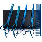 Professional Dog Grooming Scissors Set, 7 Inch/8 Inch Pet Grooming Scissors Chunkers Shears for Dog, Curved Dog Grooming Scissors, Thinning Shears for Dog with Comb (7 inch, Blue)