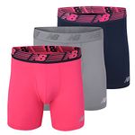 New Balance Men's 6" Boxer Brief Trunk Underpants Fly Front with Pouch, 3-Pack, Pink Zink/Pigment/Steel, Medium