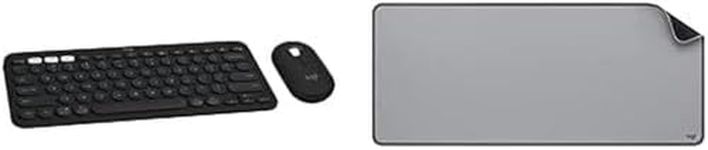 Logitech Pebble 2 Combo, Wireless Keyboard and Mouse, Quiet and Portable, Logi Bolt, Bluetooth, Easy-Switch for Windows, macOS, iPad OS, Chrome - Black + Desk Mat - Studio Series, Mid-Grey