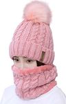 LCZTN Womens Pom Beanie Hat Scarf Set Girls Cute Winter Ski Hat with Fleece Lined Pink