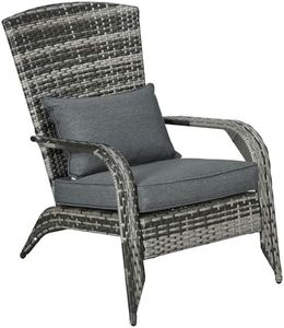 Outsunny Patio Wicker Adirondack Chair, Outdoor All-Weather Rattan Fire Pit Chair w/Soft Cushions, Tall Curved Backrest and Comfortable Armrests for Deck or Garden, Gray