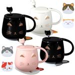 Rtteri 4 Set Cute Cat Ceramic Coffee Mug with Lid Spoon and Cat Coaster Mats Cat Mugs Ceramic Cup Animal Mug Novelty Morning Cup for Cat Lovers Girls Women Christmas Birthday Gifts (Cute Style)