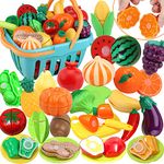 RISUNTOY Kids Deluxe Cutting Playset Includes Sliceable Fruits, Vegetables, Plates & Storage Basket - Fun & Educational Pretend Play Kitchen Toy for Toddlers - Safe and Realistic Food Cutting Set