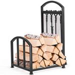 TANGZON Fireplace Log Holder with 4 Tools, Heavy Duty Metal Firewood Rack, Indoor Outdoor Log Storage Stacking Stand for Fireside Garden Patio