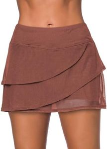 Aleumdr Women's Three Layered Waistband Ruffle Swimdress Swim Skirt Swimsuit Bottom Ligh Brown Large