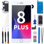 for iPhone 8 Plus Screen Replacement 5.5” White with Home Button Repair Kit, 3D Touch LCD Display Digitizer Full Assembly with Glass Protector Front Camera Speaker Sensor, Fix Tools A1864 A1897 A1898