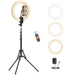 12" Selfie Ring Light with 63" Tripod Stand/Phone Holder, QEUOOIY 20W LED Circle Lights Dimmable 3000-6500K with Remote Control and Built-in Rechargeable Battery for Vlog, Makeup, YouTube, Camera