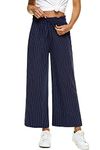 LNX Womens Linen Pants High Waisted Wide Leg Drawstring Casual Loose Trousers with Pockets, Striped-navy, Large