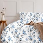 Blue Dahlia 100% Cotton Sateen Weave Printed Bedsheet Set Double/King Size, 300TC Ultra Comfortable-1 Flat Sheet(108"x108") & 2 Pillow Cover, SA 8000, Oeko-TEX Certified -Printed White