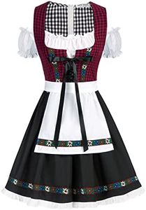 Kate Kasin Women's Knee Length Plaid Embroidered German Oktoberfest Dirndl Dress with Tie Waist Apron Red Plaid S