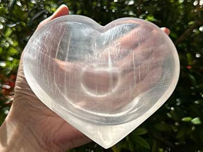 GAF TREASURES Large Selenite Heart Bowl, 5" Selenite Heart Shaped Dish Bowl With Pedestal, Crystal Polished Cleansing Charging Healing Gemstone Bowl