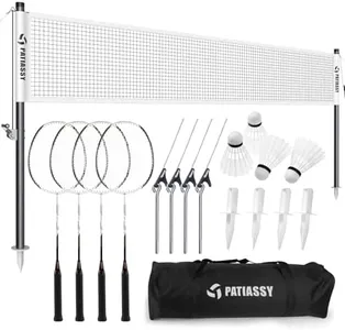 Patiassy Professional Badminton Set with Carbon Aluminum Badminton Rackets Set of 4, Outdoor Portable Badminton Net with Winch System, 4 Nylon Badminton Shuttlecocks and Bag