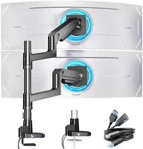ARES WING Dual Monitor Arm for Ultrawide Heavy Duty Curved Monitor Stacking, Fits 17-49 Inch, Vertical Gas Spring Double Monitor Mount with USB, Adjustable Dual Monitor Mount for Desk, Black