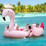 S AFSTAR Giant Inflatable Flamingo Pool Float, 4-6 Persons Inflatable Lake Float W/Inner Loop & Floating Mat, Electric Air Pump & 6 Cup Holders, Blow-up Party Floatie Island for Pool Lake Beach, Pink