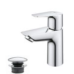 GROHE QUICKFIX Start Edge – Bathroom Basin Mixer Tap with Push Open Pop-Up Waste Set (Metal Lever, 28 mm Ceramic Cartridge, Energy and Water Saving, Tails 3/8 Inch), Size 147 mm, Chrome, 23900001