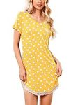Ekouaer Womens Nightwear Short Sleeve Nightdress Ladies V Neck Sleepshirt Summer Lace Nighties Yellow Cat L