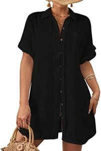 Bsubseach Women Swimsuit Coverup Button Down Bathing Suit Cover Ups for Swimwear Short Sleeve Bikini Beach Shirt Black L