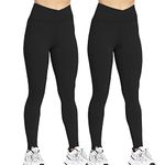 VALANDY High Waisted Leggings for Women Stretch Tummy Control Workout Running Yoga Pants Reg&Plus Size, V Waist-2 Packs-black/Black, XXXL