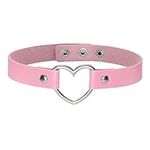 EIGSO Vintage Retro Steampunk Collar Choker Love Heart Metal PU Necklace Cool for Women (Pink)