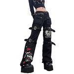 Madger Women Y2K High Waisted Jeans Loose Wide Leg Denim Trousers Graphic Print Baggy Cargo Pants Gothic Dark Punk Streetwear (Black, L)