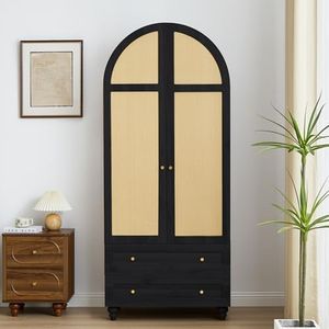 YUCHIATH Arched Armoire Wardrobe Closet with 2 Rattan Doors, Wooden Wardrobe Closet with 2 Drawers, 74.8 "H Bedroom Armoires with Hanging Rod (Black)