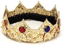 Gold King Costume Crown - Metal and Rhinestone Construction, Decorative Gem Accents, Costume Hat