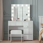 LSBIKE Dressing Table with Mirror and Stool White Dressing Table with LED Light 4 Drawers High Gloss Makeup Desk Bedroom Vanity Desk Set Makeup Desk Ideal for Girls and Women Bedroom Furniture