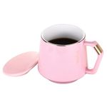 KRGMNHR Ceramic Coffee Mug with Lid, 13.5 oz Tea Cup with Extra Wide Flat Bottom, Best Match w/Mug Warmer, for Office and Home, Pink