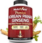 Nutrivein Korean Red Panax Ginseng 1600mg - 120 Capsules - High Potency for Energy, Focus, Performance, Vitality & Immune Support - for Men and Women