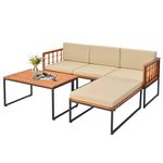 Tangkula 5 Piece Patio Furniture Set, Acacia Wood Sectional Set with Heavy-Duty Metal Frame, Comfy Seat & Back Cushions, Outdoor Wood Conversation Chair Set for Poolside, Porch, Backyard (Beige)