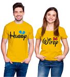 Hangout Hub Hangout-Hub556$P Men's & Women's Couples Tshirt for Couple | Hubby Wifey (Yellow|Men L Women M) Printed T-Shirts | Round Neck | Cotton | Regular Fit (Set of 2 Half Sleeves)