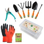 TrustBasket Gardening Tools Box - 9 Pcs Gardening Tool Kit (Cultivator, Fork, Transplanter, Trowel, Weeder, Garden Gloves, Pruner Cutter, Free Seeds Packet) | Gardening Tools Set for Home Garden