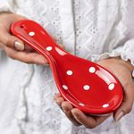 City to Cottage Spoon Rest for Stove Top, Large Ceramic Spoon Holder for Kitchen Counter, Cooking Utensil Rest for Countertop, Handcrafted Red Polka Dot Spoon Rest for Ladle, Spatula, Tong