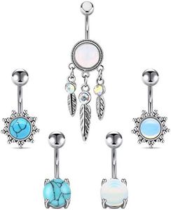 Funseedrr 5pcs Piercing Ombligo Anillo Acero Quirúrgico 14G 10mm Barras del Vientre Cuelgan Ópalo Turquesa Curvados Barbells Cuerpo Piercing Joyas Plata Oro Rosa