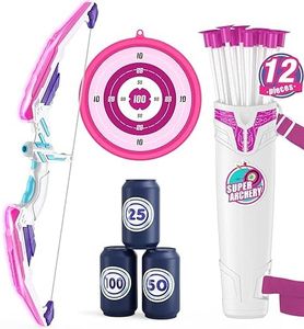 HYES Arco y Flechas para Niños, Juguetes de Tiro con 1 Arco, 12 Flechas de Ventosa, 1 Objetivos Colgantes, 1 Soporte de Flecha y 3 Objetivos de Puntuación, Juguete para Interior y Exterior, Morado