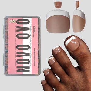 NOVO OVO Fake Toe Nail Tips Press on, French Tip Soft Gel Toenail Extension, BROWN PINK Square Round Pre-applied Tip Primer & Base Coat, Full Cover Matte False Nails for DIY x 15 Sizes 360Pcs