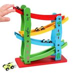 WISHKEY Wooden Ramp Race Track Set for Kids, Multilevel Twister Track Toy Set with Four Cars, Fun Playing Smooth Racing Car Slider Toy for Kids, Multicolor, 3+ Years (Pack of 1)