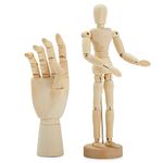 7" Wooden Hand Model and 8" Posable Wooden Mannequin Figure for Drawing, Adjustable Art Supplies (2-Piece)